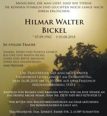 Traueranzeige von Hilmar Walter Bickel von  Usinger Anzeiger