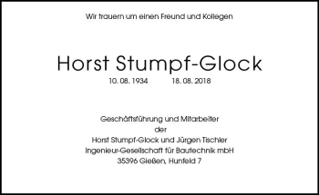 Traueranzeige von Horst Stumpf-Glock von  Gießener Anzeiger