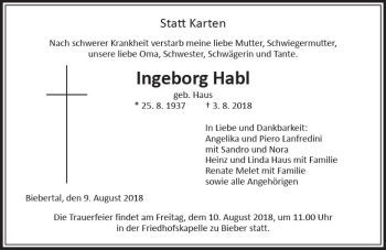 Traueranzeige von Ingeborg Habl von  Gießener Anzeiger
