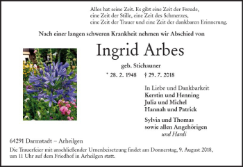 Traueranzeige von Ingrid Arbes von vrm-trauer