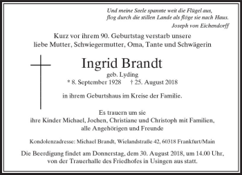 Traueranzeige von Ingrid Brandt von  Usinger Anzeiger