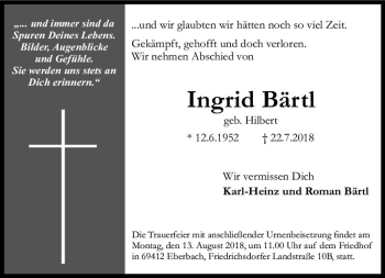 Traueranzeige von Ingrid Bärtl von vrm-trauer