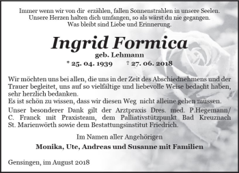 Traueranzeige von Ingrid Formica von vrm-trauer