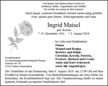 Traueranzeige von Ingrid Maisel von vrm-trauer