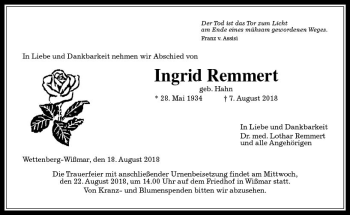 Traueranzeige von Ingrid Remmert von  Gießener Anzeiger