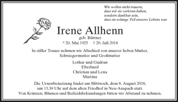 Traueranzeige von Irene Allhenn von  Usinger Anzeiger Traueranzeige von Irene Allhenn von  Usinger Anzeiger
