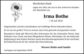 Traueranzeige von Irma Bothe von vrm-trauer