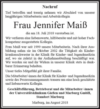 Traueranzeige von Jennifer Maiß von VRM Trauer