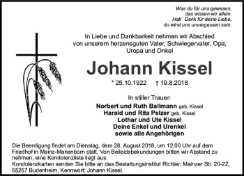 Traueranzeige von Johann Kissel von vrm-trauer
