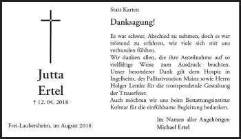 Traueranzeige von Jutta Ertel von vrm-trauer