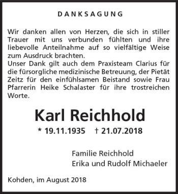 Traueranzeige von Karl Reichhold von  Kreisanzeiger