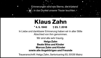 Traueranzeige von Klaus Zahn von vrm-trauer