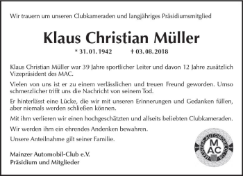 Traueranzeige von Klaus Christian Müller von vrm-trauer