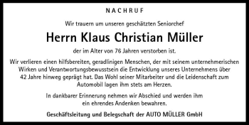 Traueranzeige von Klaus Christian Müller von vrm-trauer