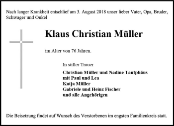 Traueranzeige von Klaus Christian Müller von vrm-trauer