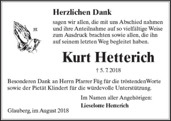 Traueranzeige von Kurt Hetterich von  Kreisanzeiger