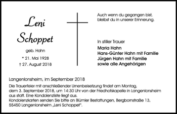 Traueranzeige von Leni Schoppet von vrm-trauer