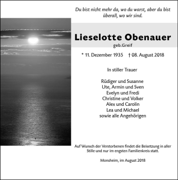 Traueranzeige von Lieselotte Obenauer von vrm-trauer