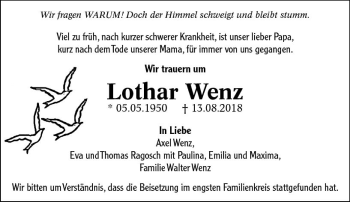 Traueranzeige von Lothar Wenz von  Camberger Anzeiger