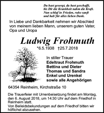 Traueranzeige von Ludwig Frohmuth von vrm-trauer
