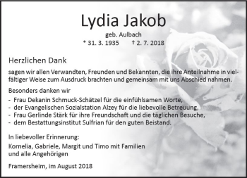 Traueranzeige von Lydia Jakob von vrm-trauer