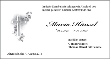 Traueranzeige von Maria Hänsel von  Kreisanzeiger