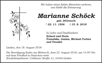 Traueranzeige von Marianne Schöck von  Kreisanzeiger