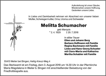 Traueranzeige von Melitta Schumacher von vrm-trauer