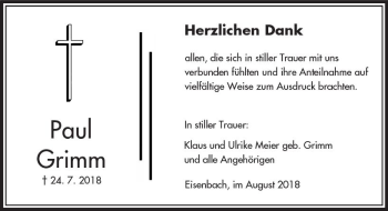 Traueranzeige von Paul Grimm von  Camberger Anzeiger