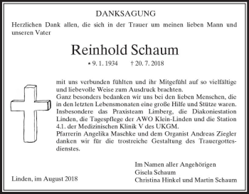 Traueranzeige von Reinhold Schaum von  Gießener Anzeiger