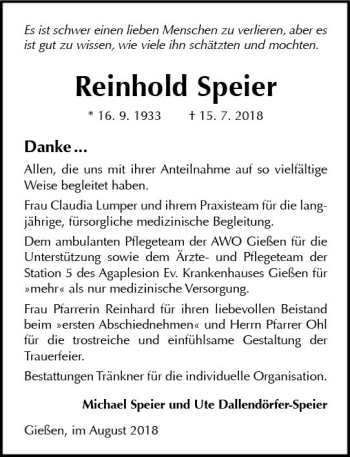 Traueranzeige von Reinhold Speier von  Gießener Anzeiger