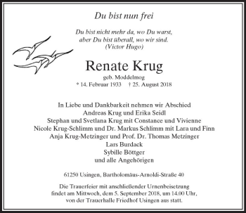 Traueranzeige von Renate Krug von  Usinger Anzeiger