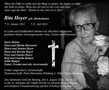 Traueranzeige von Rita Hoyer von VRM Trauer