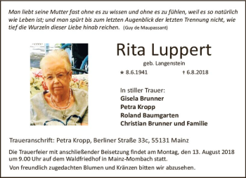 Traueranzeige von Rita Luppert von vrm-trauer