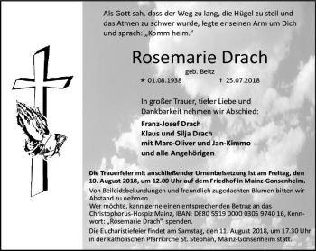 Traueranzeige von Rosemarie Drach von vrm-trauer