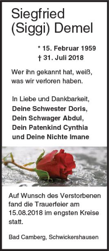 Traueranzeige von Siegfried Demel von  Camberger Anzeiger