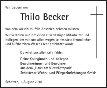 Traueranzeige von Thilo Becker von  Kreisanzeiger