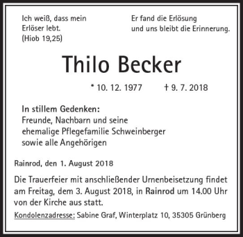 Traueranzeige von Thilo Becker von  Kreisanzeiger