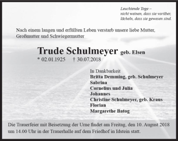 Traueranzeige von Trude Schulmeyer von vrm-trauer