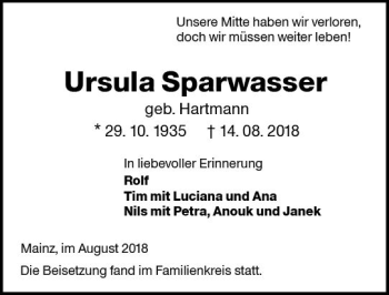 Traueranzeige von Ursula Sparwasser von vrm-trauer