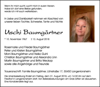 Traueranzeige von Uschi Baumgärtner von vrm-trauer