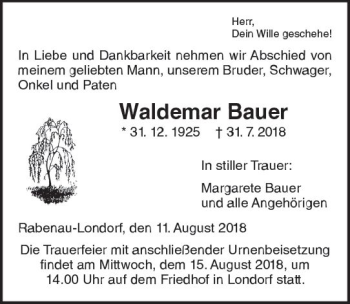 Traueranzeige von Waldemar Bauer von  Gießener Anzeiger