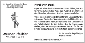 Traueranzeige von Werner Pfeiffer von  Gießener Anzeiger