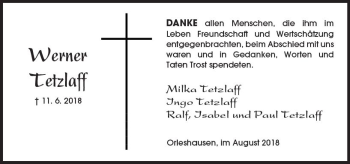 Traueranzeige von Werner Tetzlaff von  Kreisanzeiger