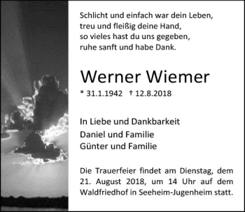 Traueranzeige von Werner Wiemer von vrm-trauer