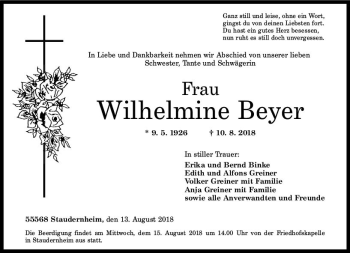 Traueranzeige von Wilhelmine Beyer von vrm-trauer