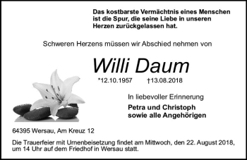 Traueranzeige von Willi Daum von vrm-trauer