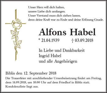 Traueranzeige von Alfons Habel von vrm-trauer
