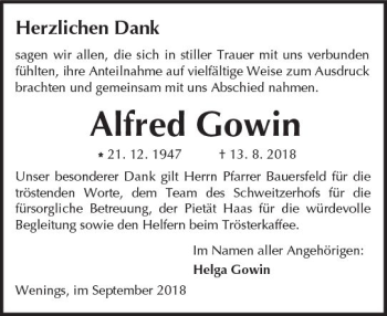 Traueranzeige von Alfred Gowin von  Kreisanzeiger