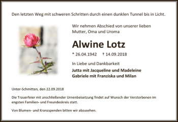 Traueranzeige von Alwine Lotz von  Kreisanzeiger